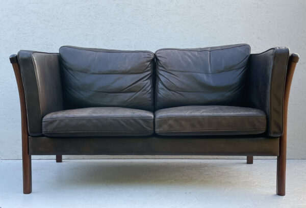 Danish Two Seater Leather And Slat Wood Sofa