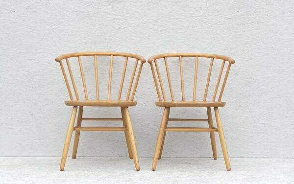 Pair Of Mid Century Danish Style Beech Spindle Back Tub Chairs