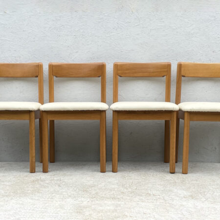 1970's Italian,Beech Dining Chairs With Cream Leatherette Upholstery