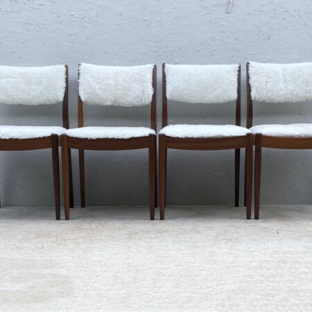Four Mid Century Teak, Low Back, Dining Chairs, Upholstered In Natural Shearling/Sheepskin