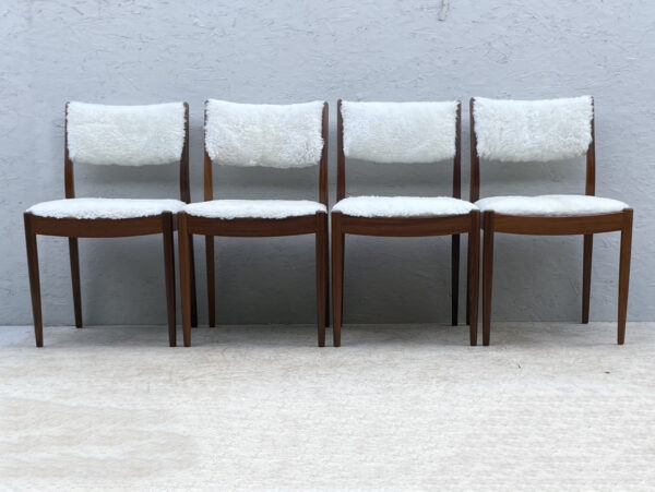 Four Mid Century Teak, Low Back, Dining Chairs, Upholstered In Natural Shearling/Sheepskin