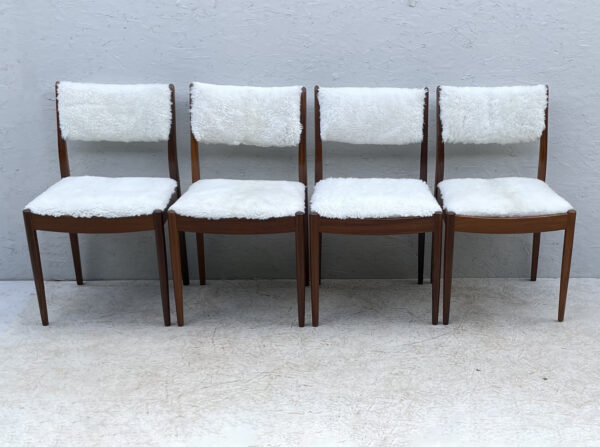 Four Mid Century Teak, Low Back, Dining Chairs, Upholstered In Natural Shearling/Sheepskin - Image 2