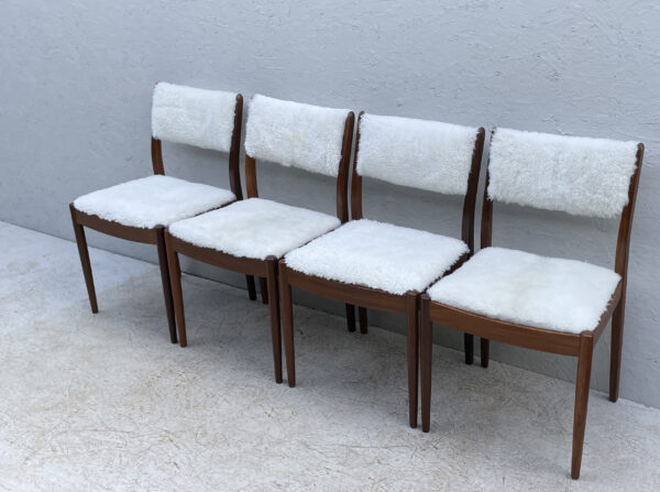 Four Mid Century Teak, Low Back, Dining Chairs, Upholstered In Natural Shearling/Sheepskin - Image 3