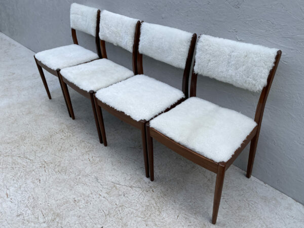 Four Mid Century Teak, Low Back, Dining Chairs, Upholstered In Natural Shearling/Sheepskin - Image 5