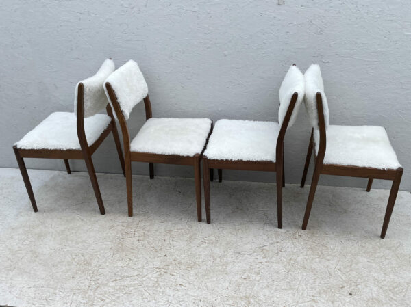 Four Mid Century Teak, Low Back, Dining Chairs, Upholstered In Natural Shearling/Sheepskin - Image 7