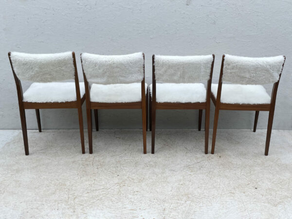 Four Mid Century Teak, Low Back, Dining Chairs, Upholstered In Natural Shearling/Sheepskin - Image 9