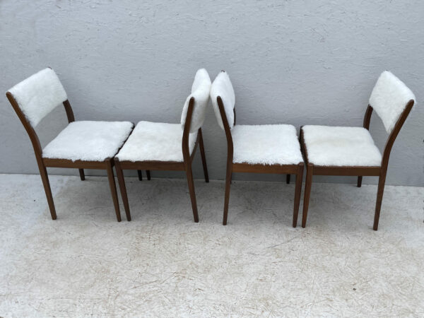Four Mid Century Teak, Low Back, Dining Chairs, Upholstered In Natural Shearling/Sheepskin - Image 11