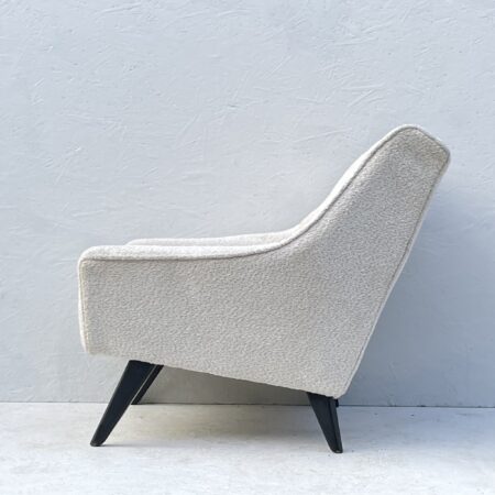 1950's G Plan, E Gomme, Easy Arm Chair, Newly Upholstered In Oyster White Boucle Fabric